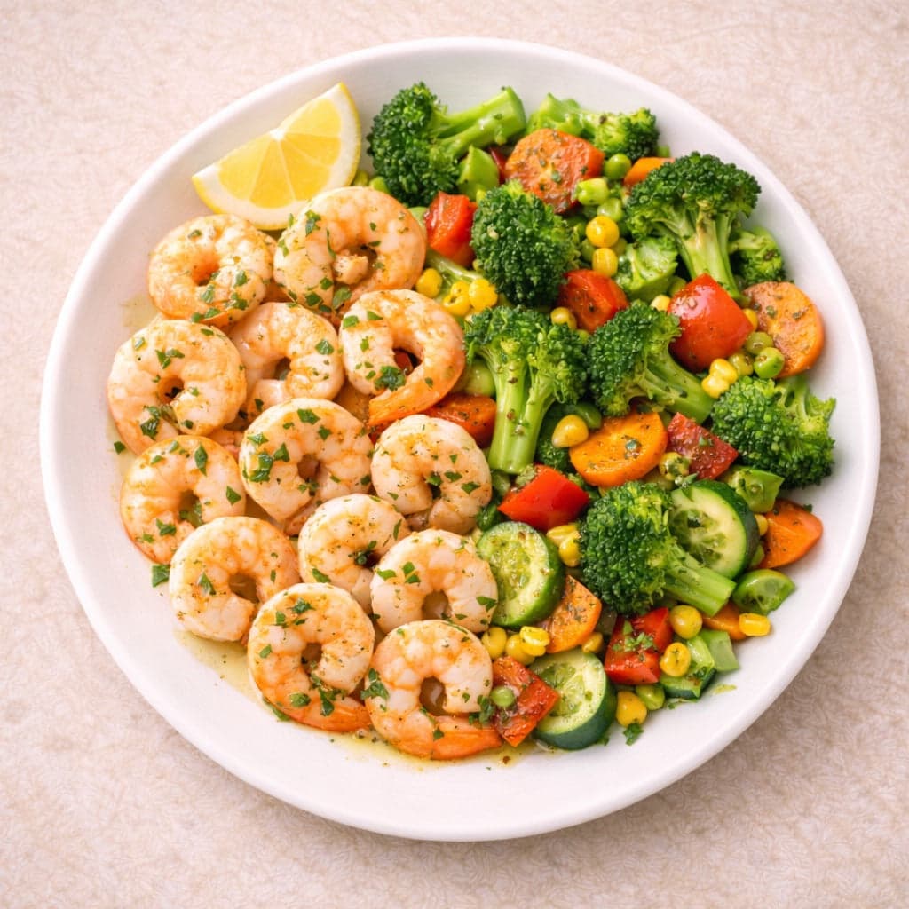 Light shrimp bowl with vegetables and lemon-garlic flavor.